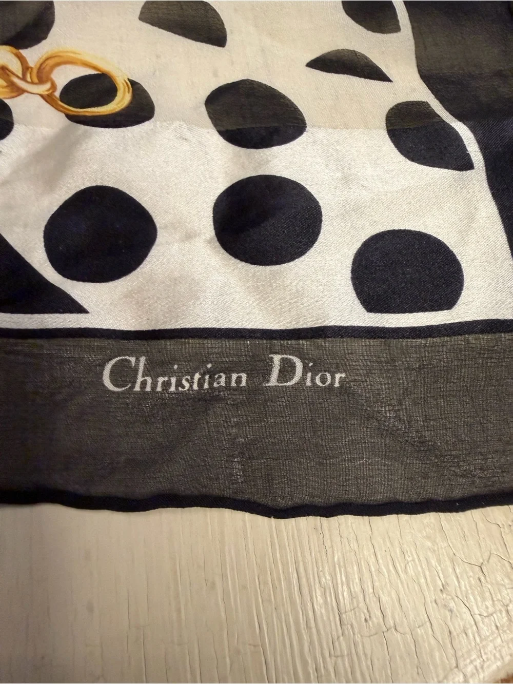 Dior Black & White Polka Dot Silk Scarf with Gold Accent